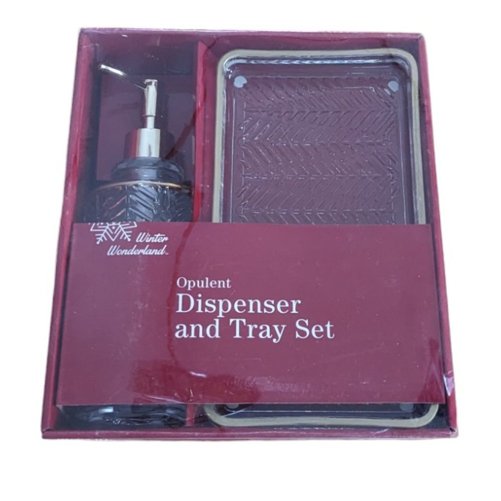 Opulent NIB glass dispenser and tray set, Winter Wonderland